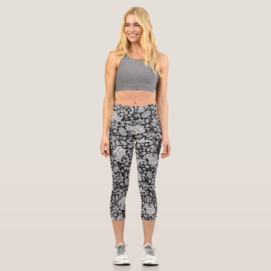 白黒ヴィンテージ花模様 カプリレギンス (正面)