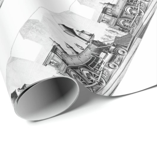 白黒ヴィンテージ蒸気列車イラストレーション ラッピングペーパー (ロールコーナー)