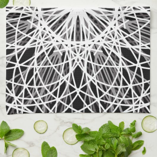 白黒万華鏡のように千変万化するパターン花星 キッチンタオル (折り畳み)