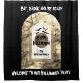 白黒不気味こうもりスパイダーハッピーハローウィン シャワーカーテン (正面)