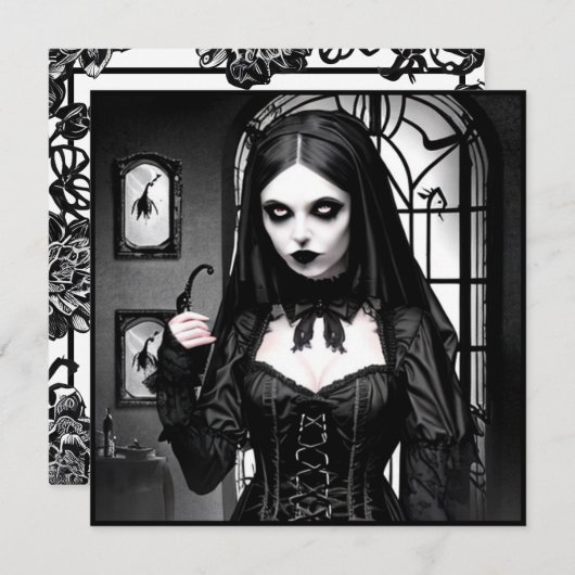 白黒不気味の女性ハローウィンパーティ 招待状 (正面/裏面)