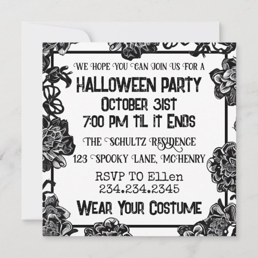 白黒不気味の女性ハローウィンパーティ 招待状 (裏面)