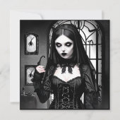 白黒不気味の女性ハローウィンパーティ 招待状 (正面)
