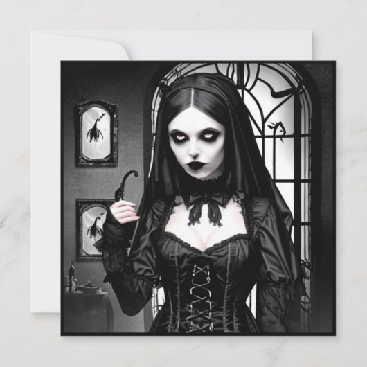 白黒不気味の女性ハローウィンパーティ 招待状 (正面)