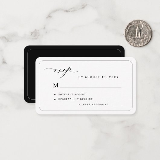 白黒予エレガント約結婚式RSVP ノートカード (正面/裏面インサイチュ)