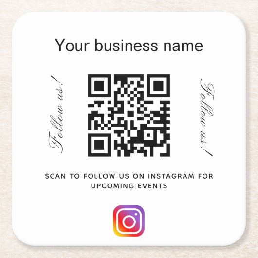 白黒事業名qrコードインスタグラム スクエアペーパーコースター (正面)