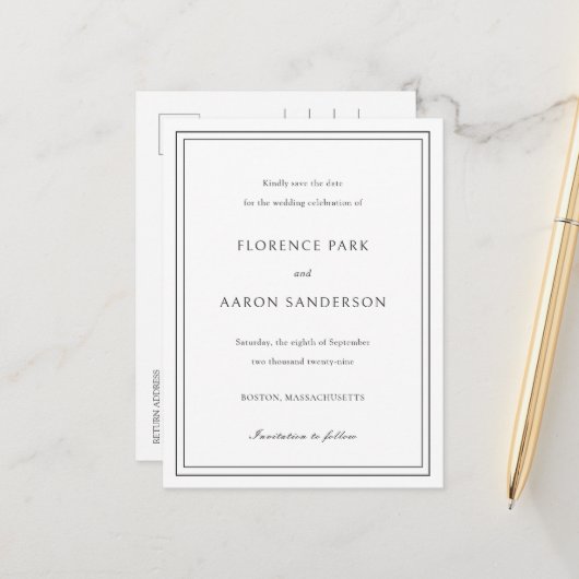 白黒伝統的の結婚式の日付を保存 案内ポストカード (正面/裏面インサイチュ)