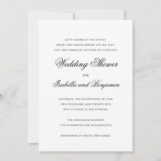 白黒伝統的エレガントなウェディングシャワー 招待状 (正面)