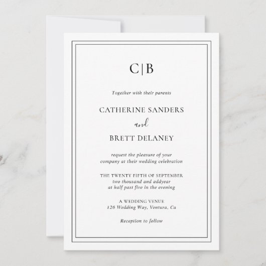 白黒伝統的エレガントな結婚式 招待状 (正面)