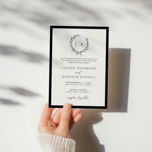 白黒伝統的モノグラムリース結婚ズ 招待状