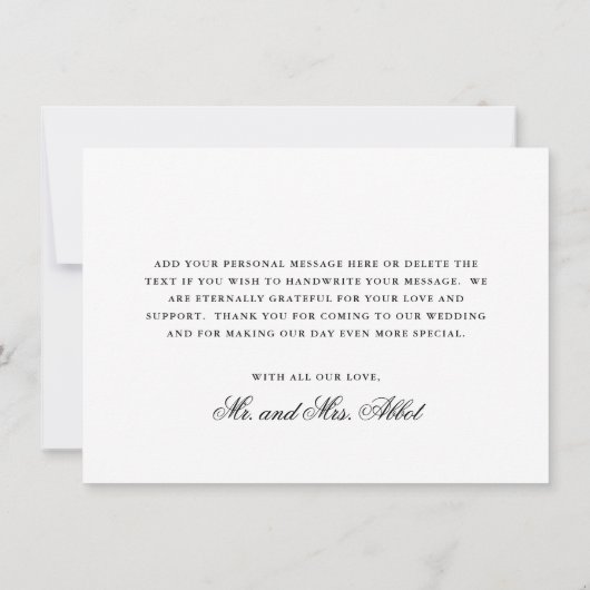 白黒伝統的写真エレガントな結婚式 サンキューカード (裏面)