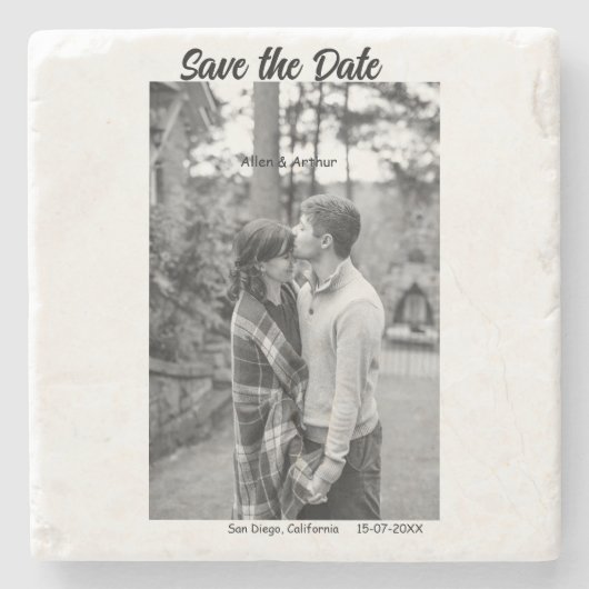 白黒保存日付QR追加ウェブサイト名の写真 ストーンコースター (正面)