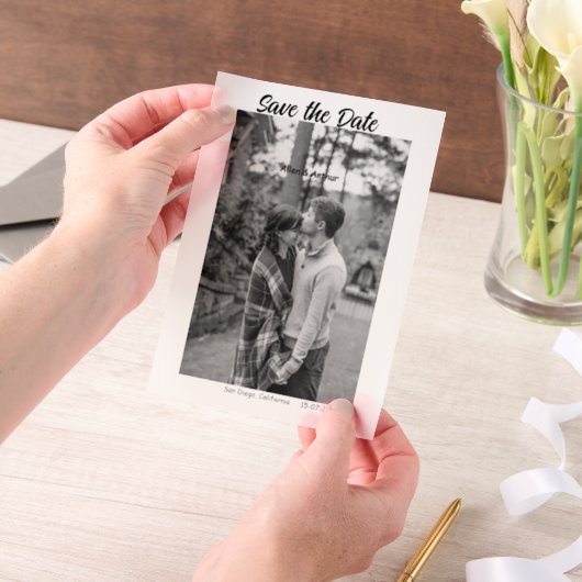 白黒保存日付QR追加ウェブサイト名の写真 ベラム紙招待状 (ポータブル)