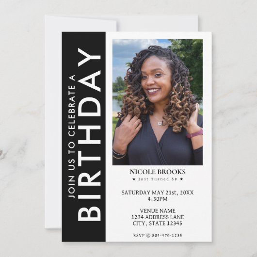 白黒側ストライプの写真50th誕生日パーティー 招待状 (正面)