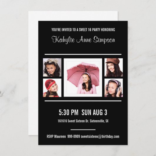 白黒写真の菓子16の誕生会 招待状 (正面/裏面)