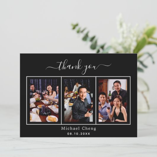 白黒写真の誕生日サンキューカード 招待状 (スタンド正面)