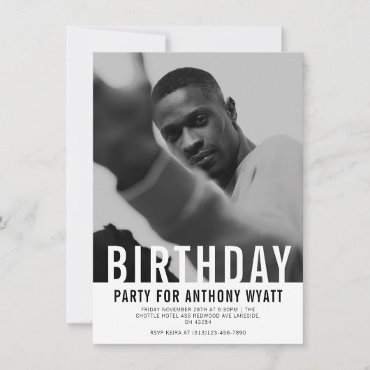 白黒写真の誕生日パーティーへの招待 招待状 (正面)