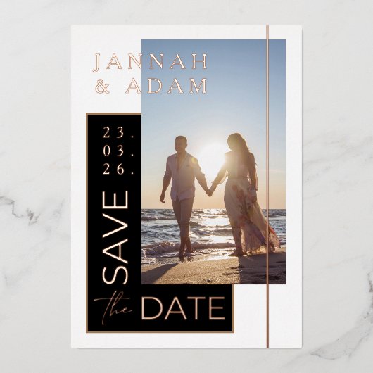 白黒写真ウェディング日付の保存バラ 箔招待状 (正面)