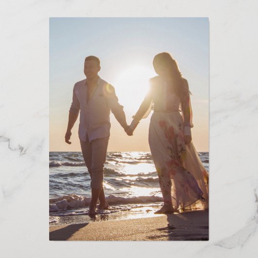 白黒写真ウェディング日付の保存バラ 箔招待状 (裏面)