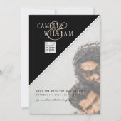 白黒写真ウェディングQRコード救日付 招待状 (正面)