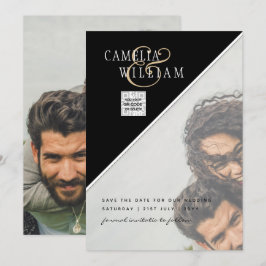 白黒写真ウェディングQRコード救日付 招待状