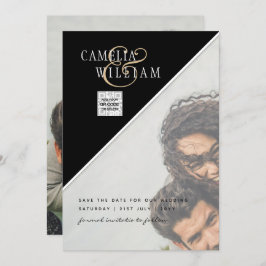 白黒写真ウェディングQRコード救日付 招待状