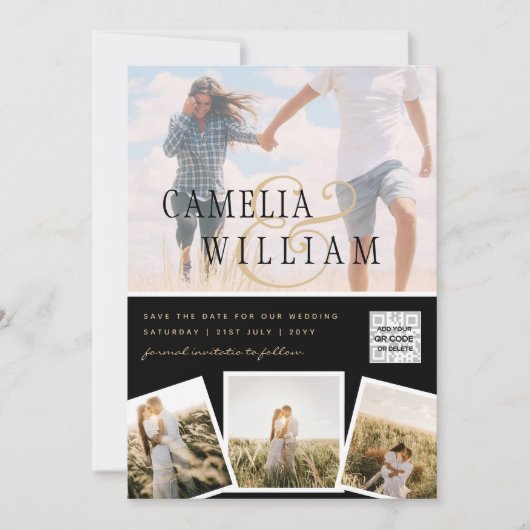 白黒写真ウェディングQRコード救日 招待状 (正面)
