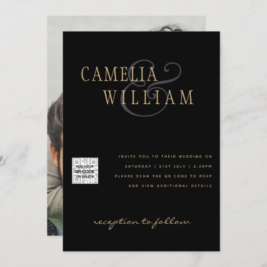 白黒写真ウェディングQRコード救日 招待状 (正面/裏面)