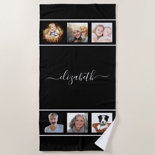 白黒写真コラージュ名前スクリプト ビーチタオル (正面)