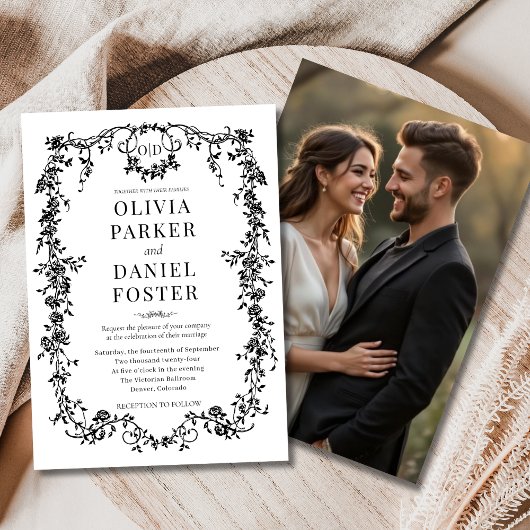 白黒写真ビクトリアン結婚フランスのフローラ 招待状