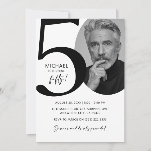 白黒写真モダン50th誕生日パーティー 招待状 (正面)