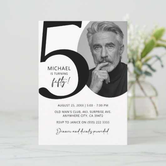 白黒写真モダン50th誕生日パーティー 招待状 (スタンド正面)