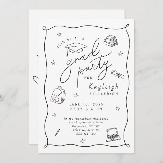 白黒写真手描きグラードパーティの招待状 案内状 (正面/裏面)