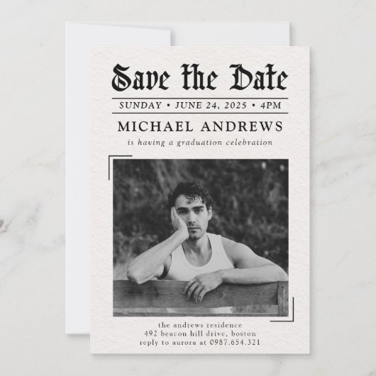 白黒写真新聞卒業パーティー 招待状 (正面)