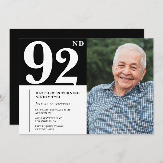 白黒写真男性92歳の誕生日招待状 招待状 (正面/裏面)