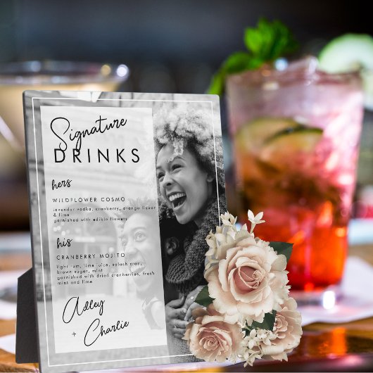 白黒写真結婚のカップルのシグネチャードリンク フォトプラーク