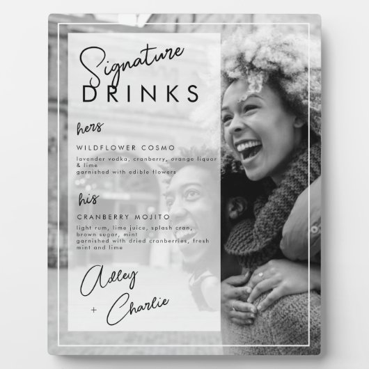 白黒写真結婚のカップルのシグネチャードリンク フォトプラーク (正面)