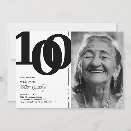 白黒写真100th誕生日パーティー 招待状 (正面)