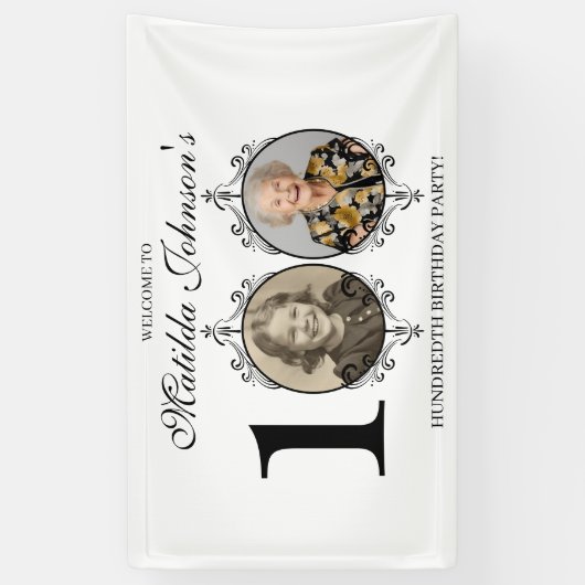 白黒写真100th Birthday Party Welcome 横断幕 (縦)