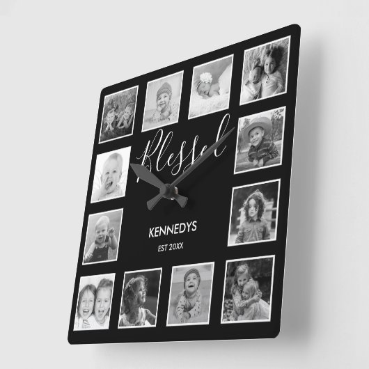 白黒写真12賛美家族 スクエア壁時計 (傾斜)