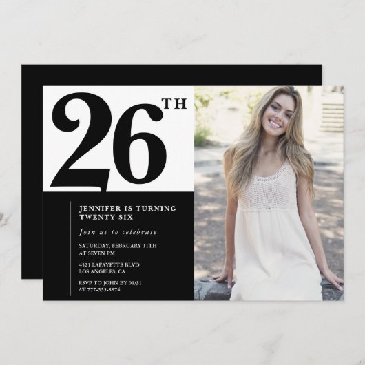 白黒写真26番目の誕生日招待状 招待状 (正面/裏面)