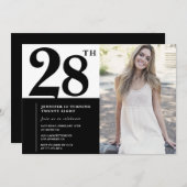 白黒写真28番目の誕生日招待状 招待状 (正面/裏面)