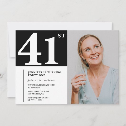 白黒写真41歳の誕生日招待状 招待状 (正面)