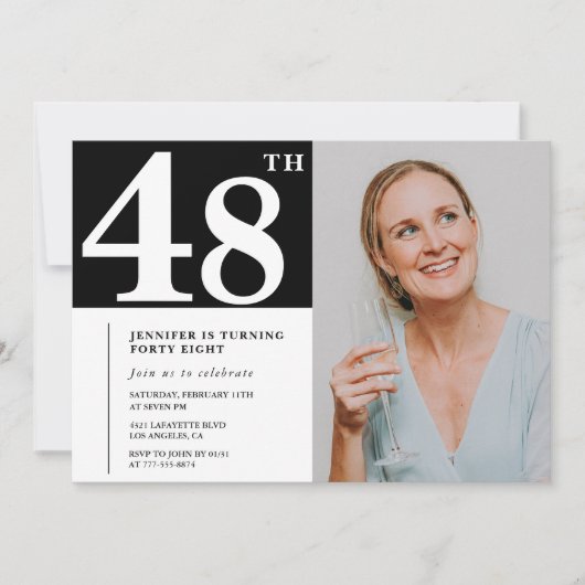白黒写真48歳の誕生日招待状 招待状 (正面)