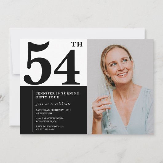 白黒写真54番目の誕生日招待状 招待状 (正面)