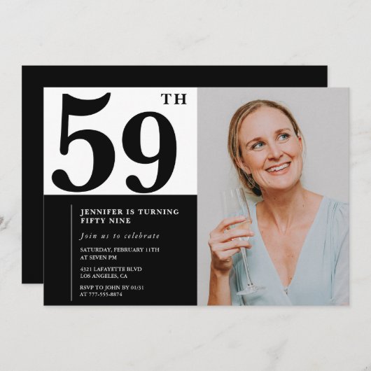 白黒写真59番目の誕生日招待状 招待状 (正面/裏面)