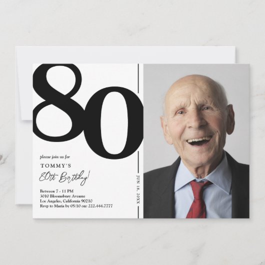 白黒写真80th誕生日パーティー 招待状 (正面)