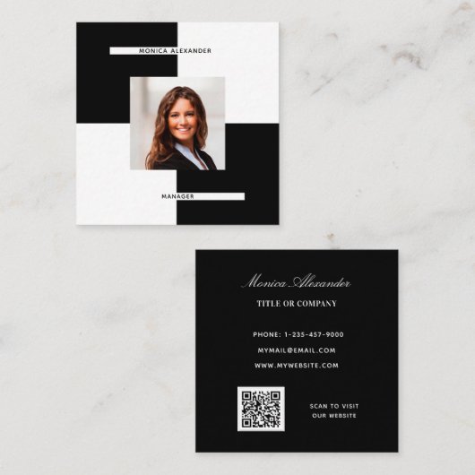 白黒写真QRコードモダン スクエア名刺 (正面/裏面)