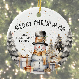 白黒冬雪だるまメリークリスマス セラミックオーナメント