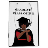 白黒卒業にこにこやかな女性 ミディアムペーパーバッグ (正面)